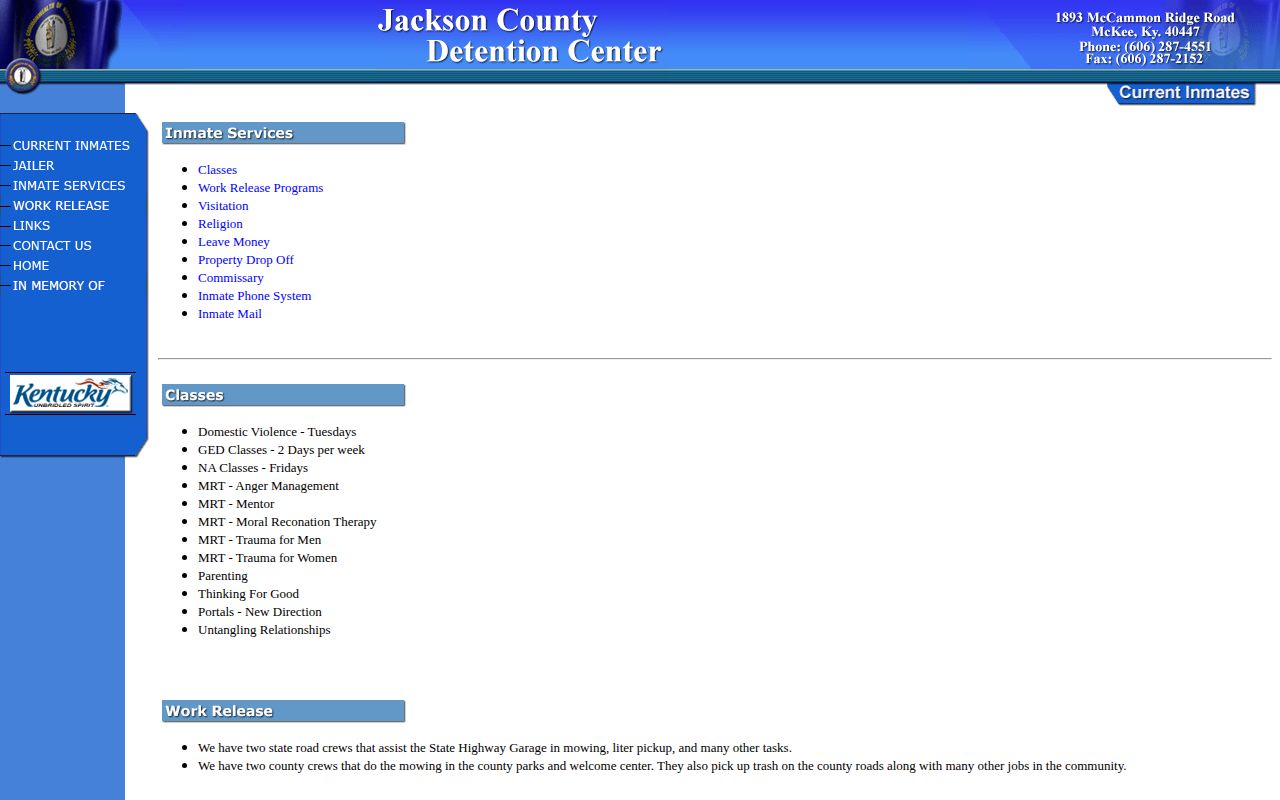 Jackson County Detention Center inmate services and programs page