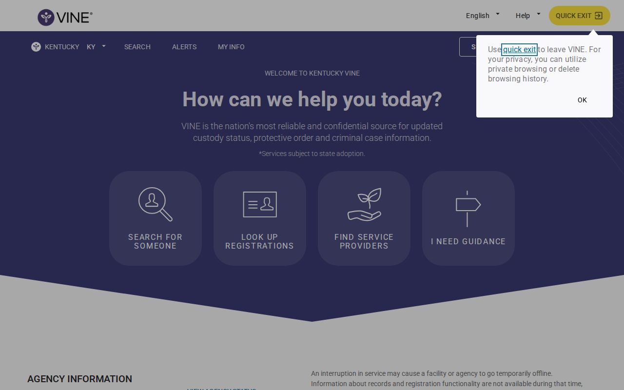 Kentucky VINELink specific-person search screen